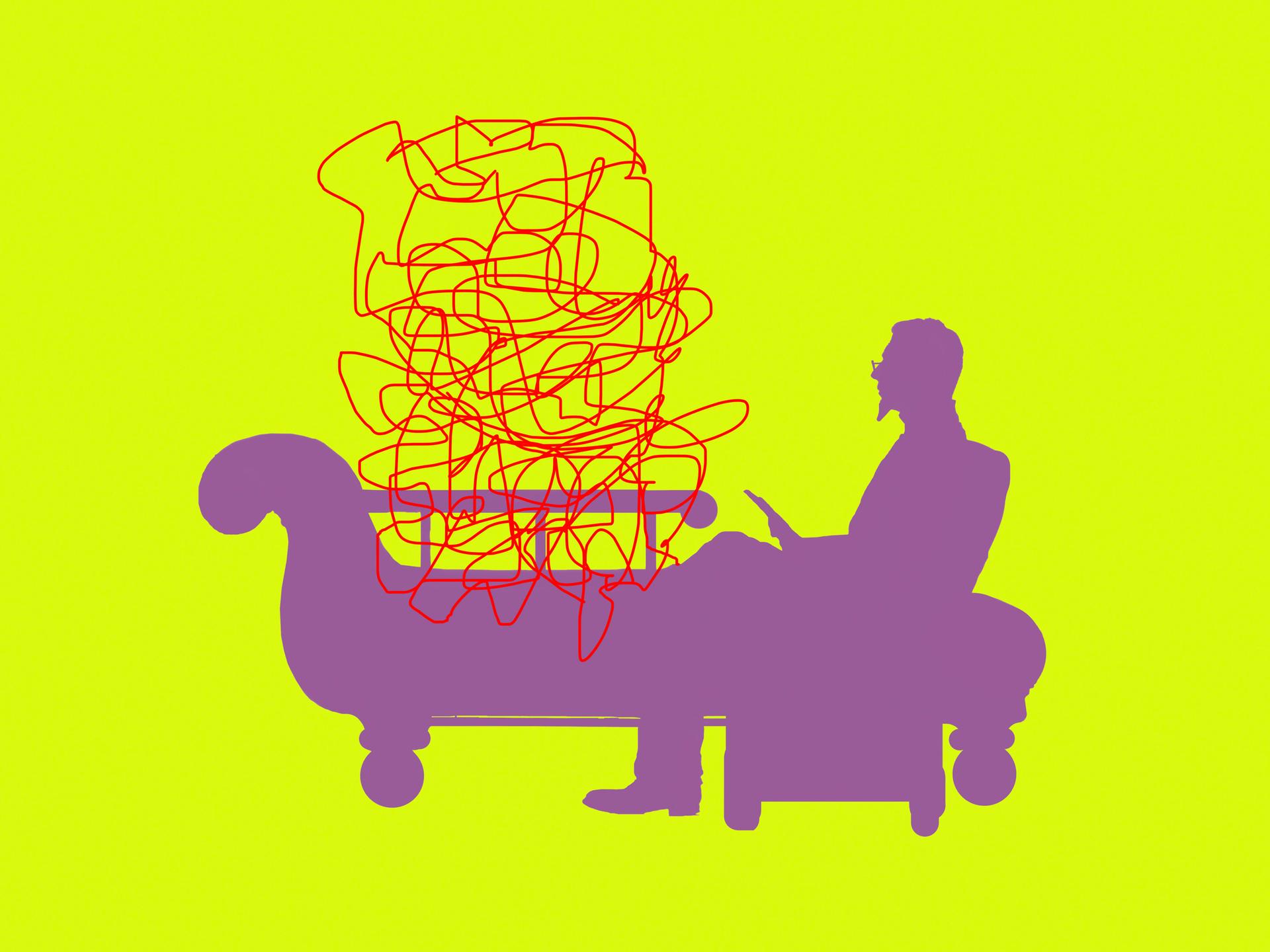Illustration: Verworrene Linien auf der Couch eines Psychiaters vor gelben Hintergrund.