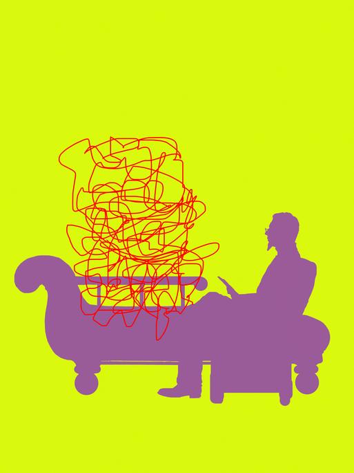 Illustration: Verworrene Linien auf der Couch eines Psychiaters vor gelben Hintergrund.