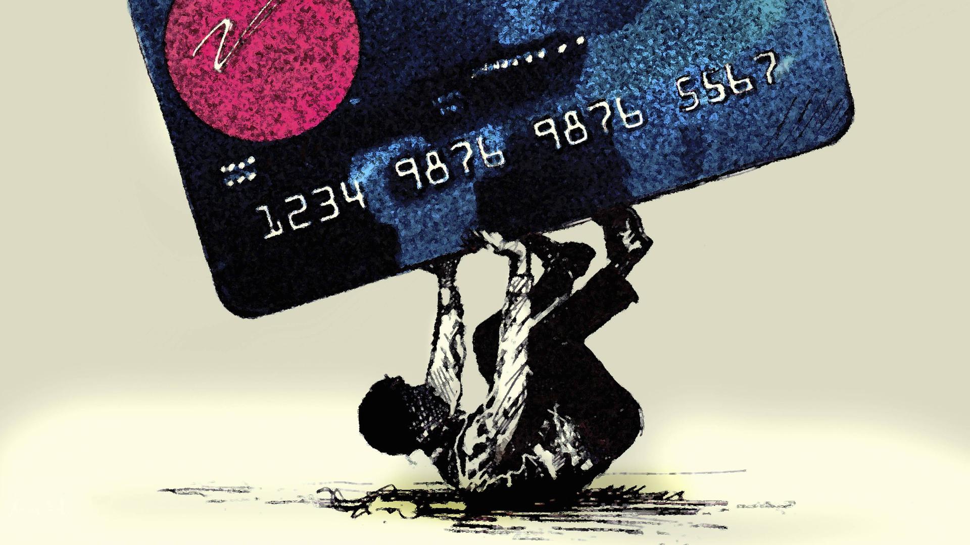 Illustration: Ein Mann wird von einer großen Kreditkarte erdrückt.