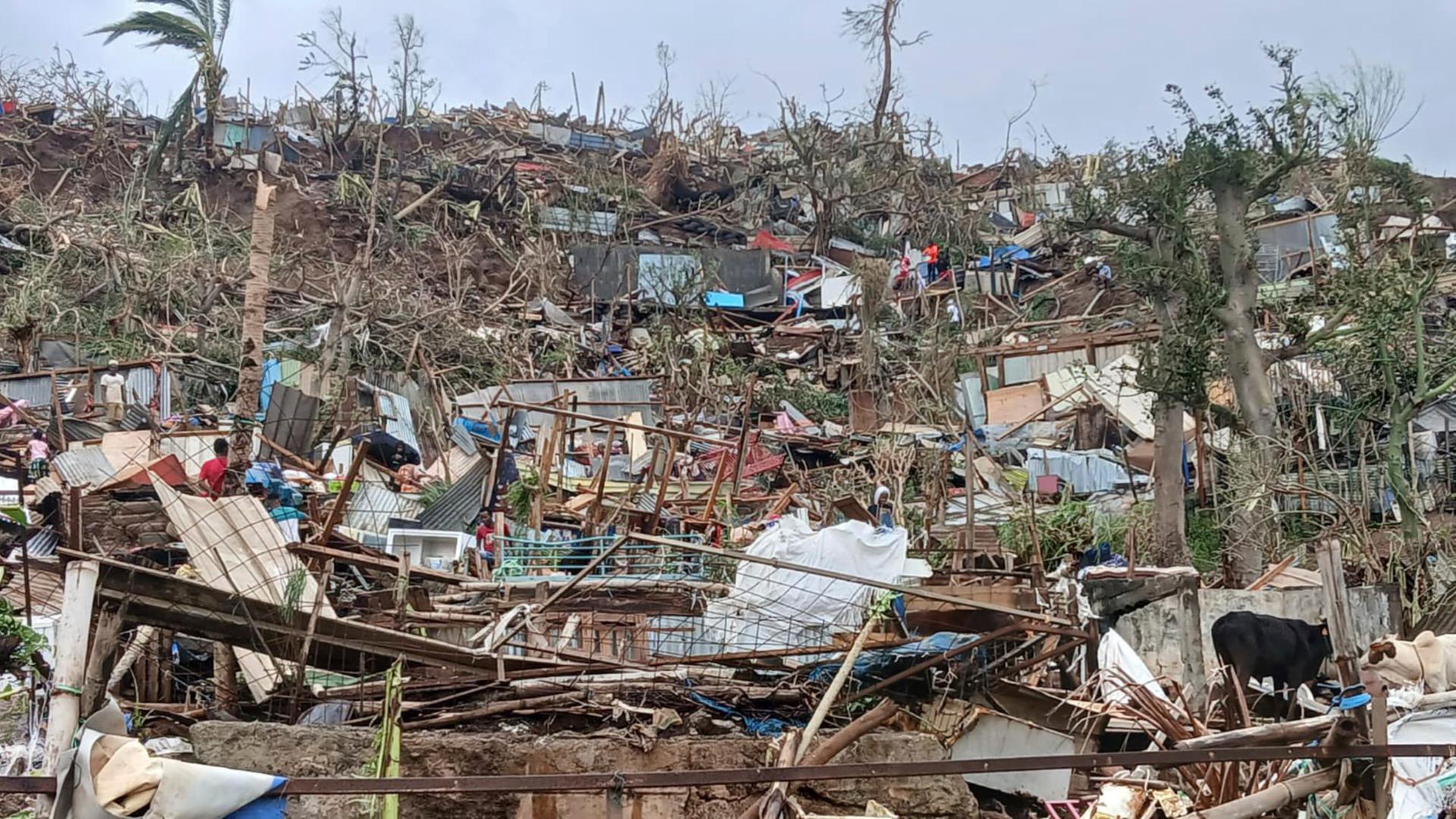 Das Foto zeigt einen vom Tropensturm Chido zerstörten Slum an einem Hügel auf der Insel Mayotte