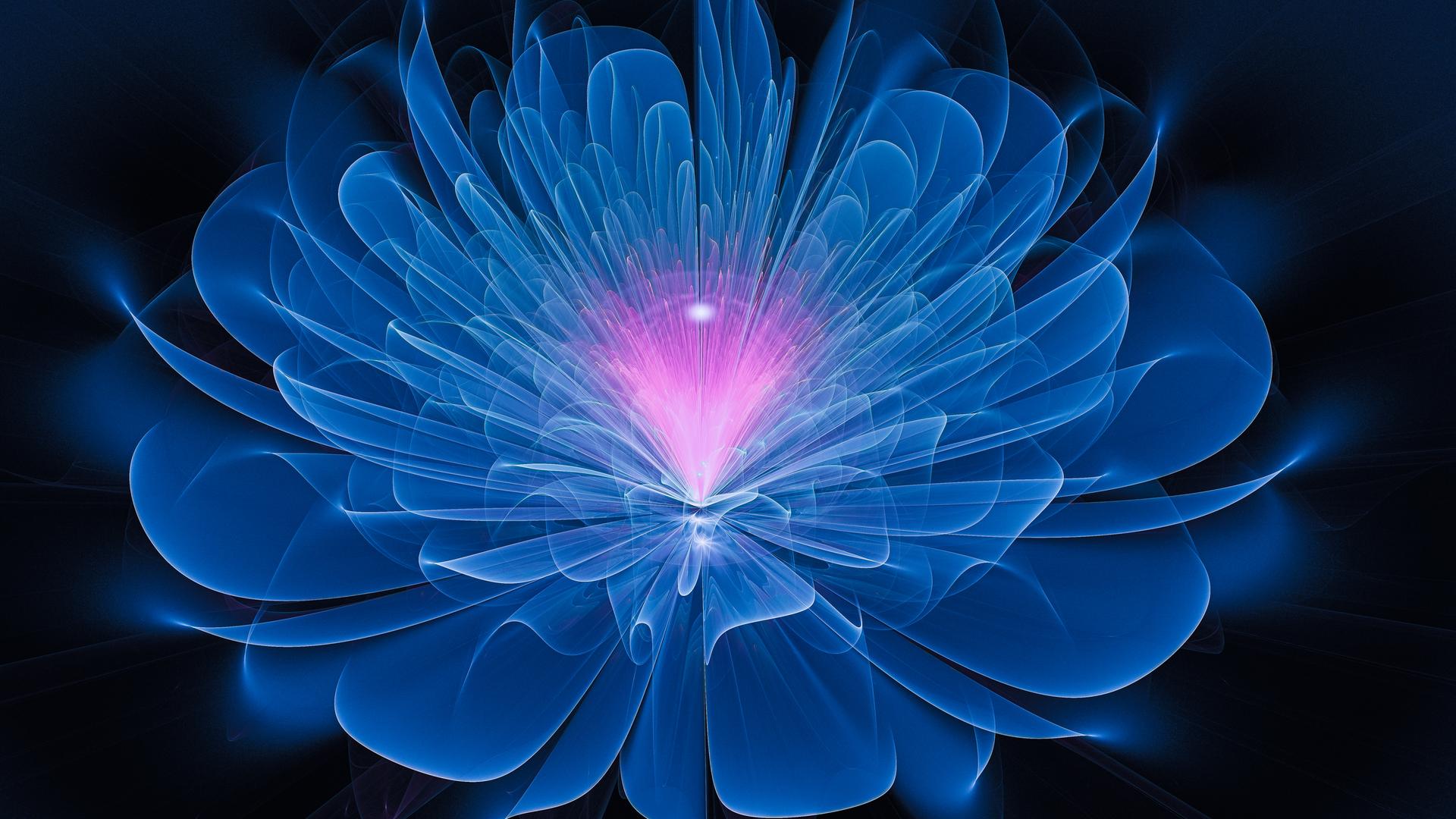 Digital gerendertes Bild einer blauen Blüte, aus deren Zentrum ein lila glühendes Licht aufsteigt.