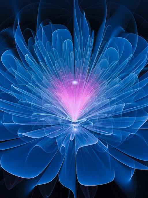 Digital gerendertes Bild einer blauen Blüte, aus deren Zentrum ein lila glühendes Licht aufsteigt.