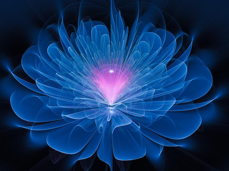 Digital gerendertes Bild einer blauen Blüte, aus deren Zentrum ein lila glühendes Licht aufsteigt.