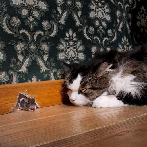 Eine Katze starrt auf eine Maus, die aus ihrem Mauseloch kommt.