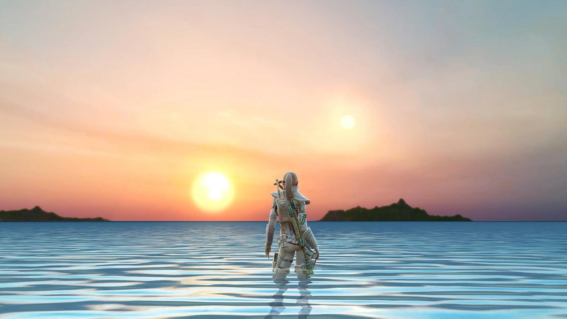 Ein Foto aus dem Game Permanent Sunset von LaTurbo Avedon. Eine futuristische weibliche Figur ist von hinten zu sehen. Vor ihr der Sonnenuntergang.