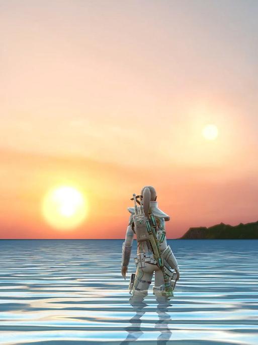 Ein Foto aus dem Game Permanent Sunset von LaTurbo Avedon. Eine futuristische weibliche Figur ist von hinten zu sehen. Vor ihr der Sonnenuntergang.