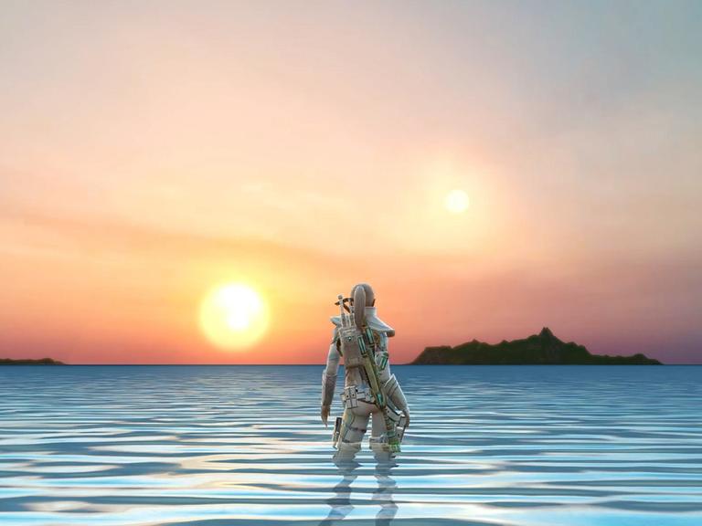 Ein Foto aus dem Game Permanent Sunset von LaTurbo Avedon. Eine futuristische weibliche Figur ist von hinten zu sehen. Vor ihr der Sonnenuntergang.