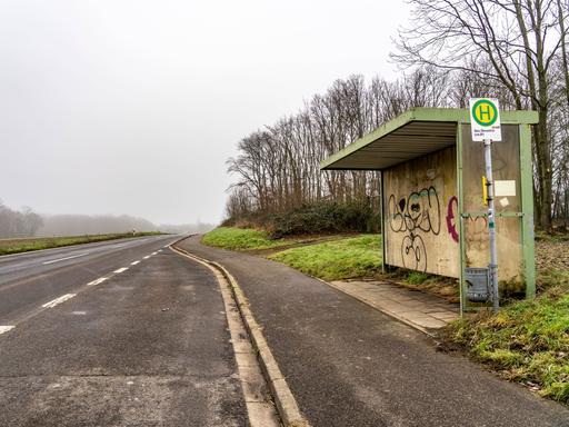 Eine verlassene Bushaltestelle in einer öden Landschaft