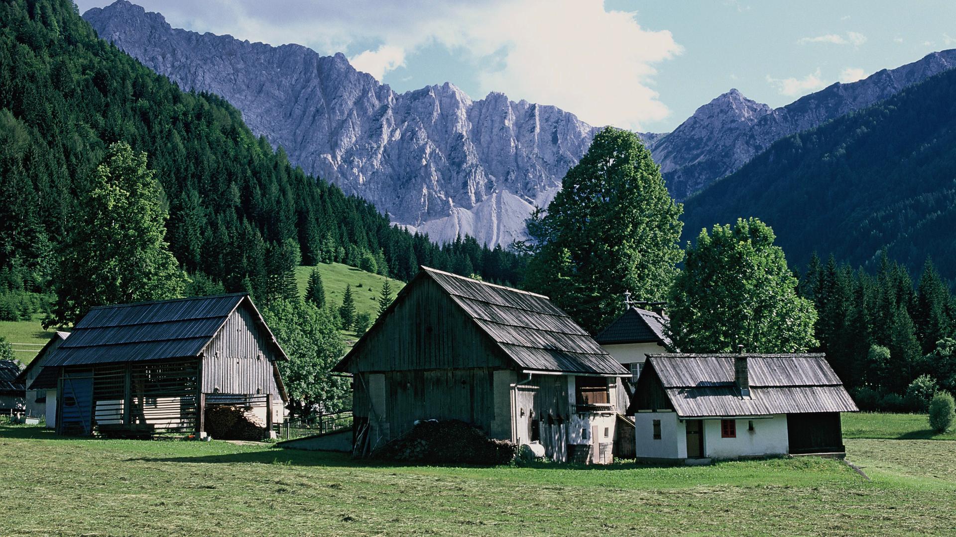 Ein Hof an einem Talende, im Hintergrund Blick auf das Kalkmassiv in den Karawanken in Österreich