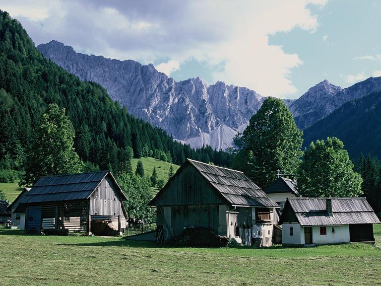 Ein Hof an einem Talende, im Hintergrund Blick auf das Kalkmassiv in den Karawanken in Österreich