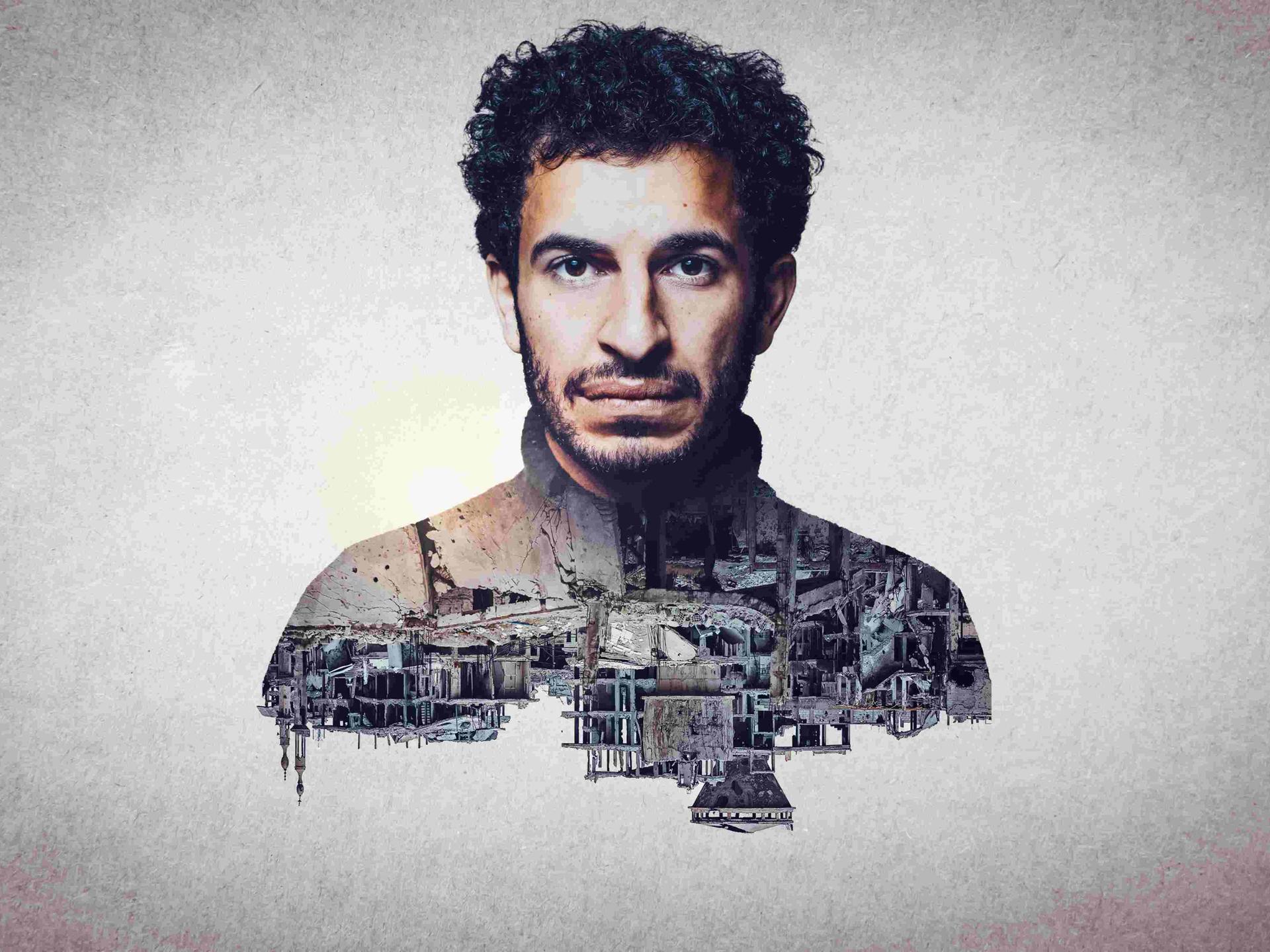 Das Bild eines Mannes über eine auf dem Kopf stehende, im syrischen Bürgerkrieg zerstörte Stadtlandschaft gelegt. Ein Doppelbelichtungseffekt.