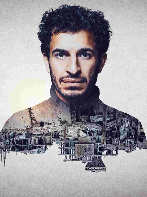 Das Bild eines Mannes über eine auf dem Kopf stehende, im syrischen Bürgerkrieg zerstörte Stadtlandschaft gelegt. Ein Doppelbelichtungseffekt.