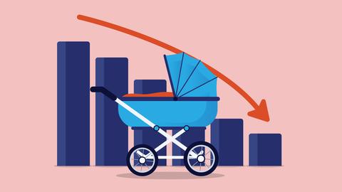 Ein Kinderwagen vor einem Diagramm mit einem roten, nach unten gerichteten Pfeil. 