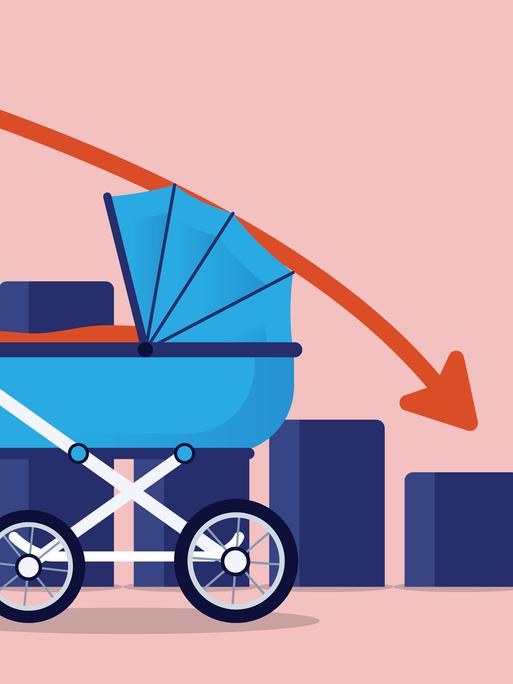 Ein Kinderwagen vor einem Diagramm mit einem roten, nach unten gerichteten Pfeil. 