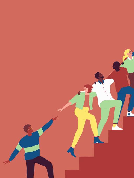 Illustration: Frauen und Männer helfen sich gegenseitig auf einer Treppe nach oben.