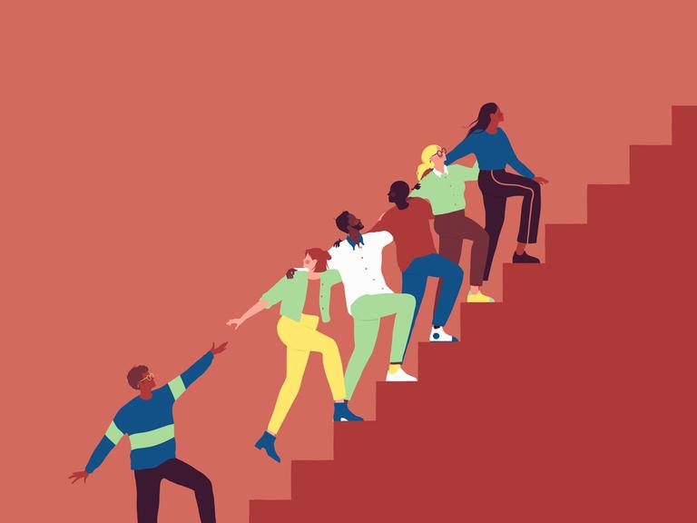 Illustration: Frauen und Männer helfen sich gegenseitig auf einer Treppe nach oben.