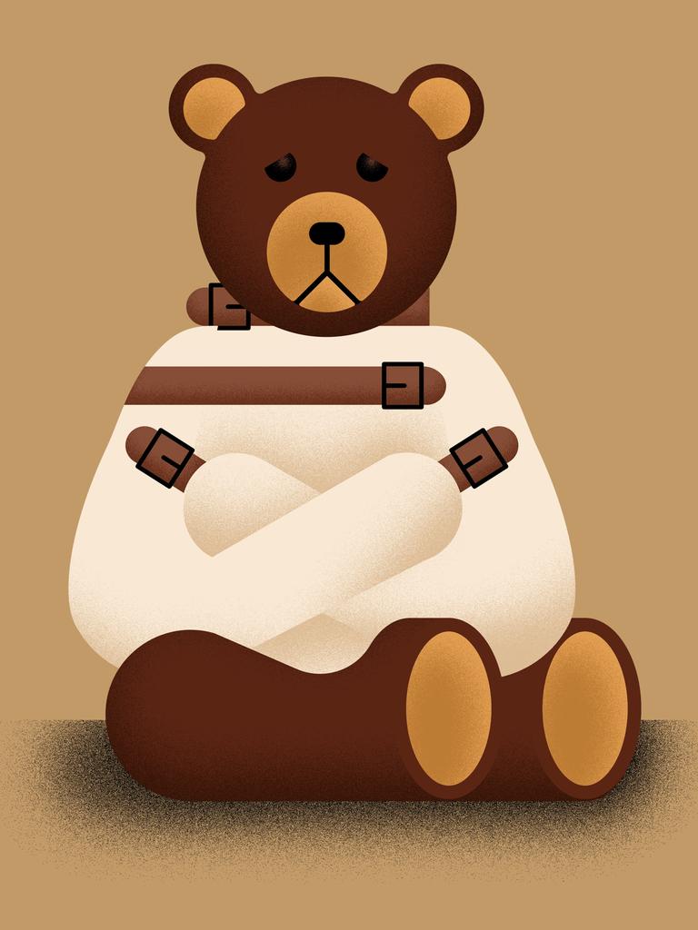 Abstrakte Zeichnung eines sitzenden mit Zwangsjacke fixierten Teddybären mit traurigem Gesichtsausdruck vor braunem Hintergrund