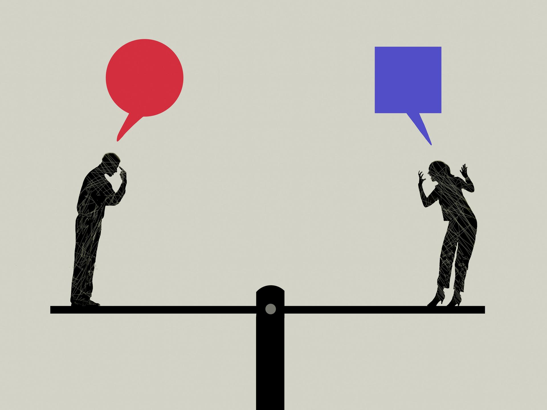 Illustration: Ein Mann und eine Frau stehen sich gegenüber und streiten, über ihnen stehen zwei Sprechblasen in unterschiedlicher Farbe und Form.