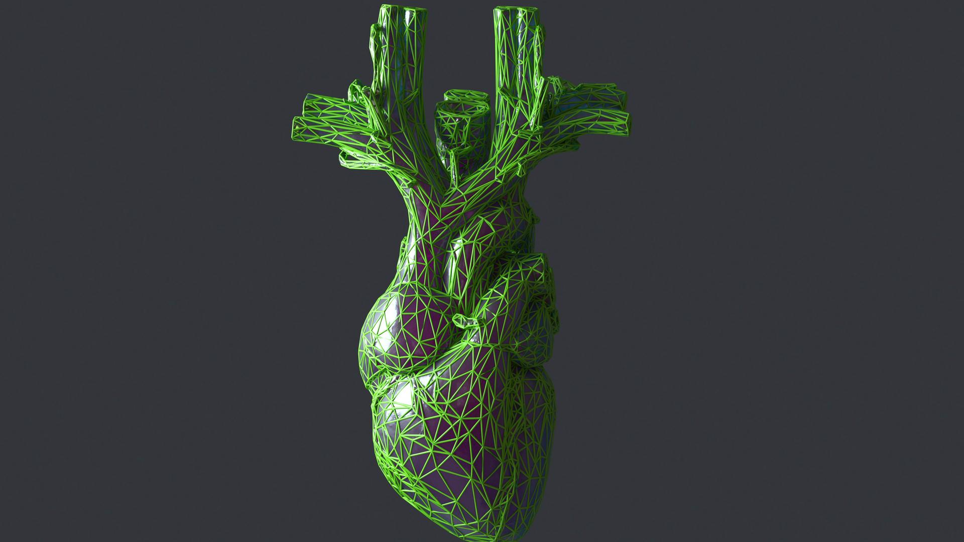 Ein digital generiertes Bild eines Herzens, das von einer netzartigen Struktur umgeben ist, vor dunkelgrauem Hintergrund.