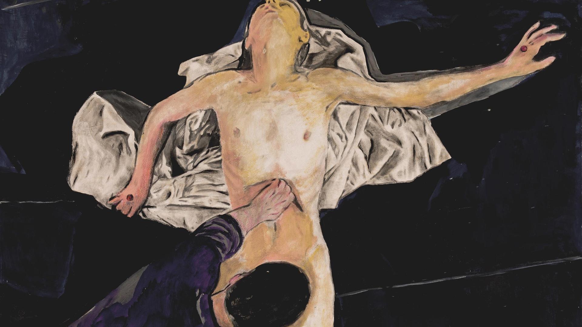Das Bild des Künstlers Andrea Saltini zeigt Jesus am Kreuz und einen Mann davor, dessen Kopf auf Höhe des Intimbereichs von Jesus gemalt ist. Das Bild des Künstlers Andrea Saltini zeigt Jesus am Kreuz und einen Mann davor, dessen Kopf auf Höhe des Intimbereichs von Jesus gemalt ist.