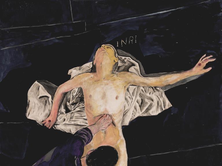 Das Bild des Künstlers Andrea Saltini zeigt Jesus am Kreuz und einen Mann davor, dessen Kopf auf Höhe des Intimbereichs von Jesus gemalt ist.