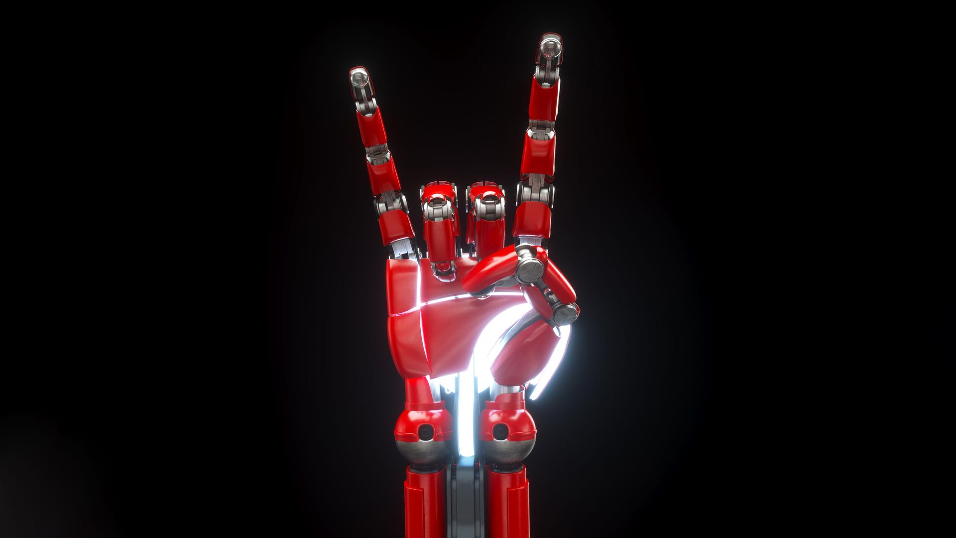 Ein digital generiertes Bild einer roten Roboter Hand, die mano cornuta zeigt, vor schwarzem Hintergrund.