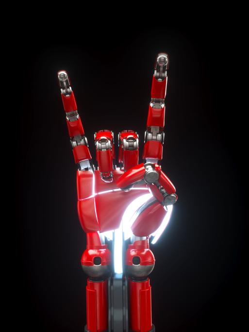 Ein digital generiertes Bild einer roten Roboter Hand, die mano cornuta zeigt, vor schwarzem Hintergrund.