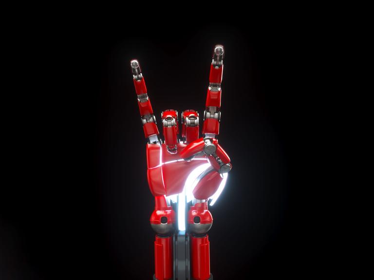 Ein digital generiertes Bild einer roten Roboter Hand, die mano cornuta zeigt, vor schwarzem Hintergrund.