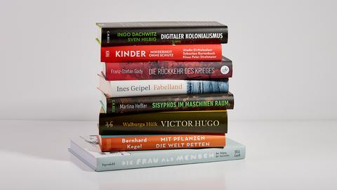Die acht Nominierten Bücher des Deutschen Sachbuchpreises 2025 liegen auf einem Stapel.