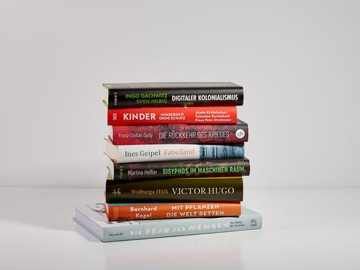 Die acht Nominierten Bücher des Deutschen Sachbuchpreises 2025 liegen auf einem Stapel.