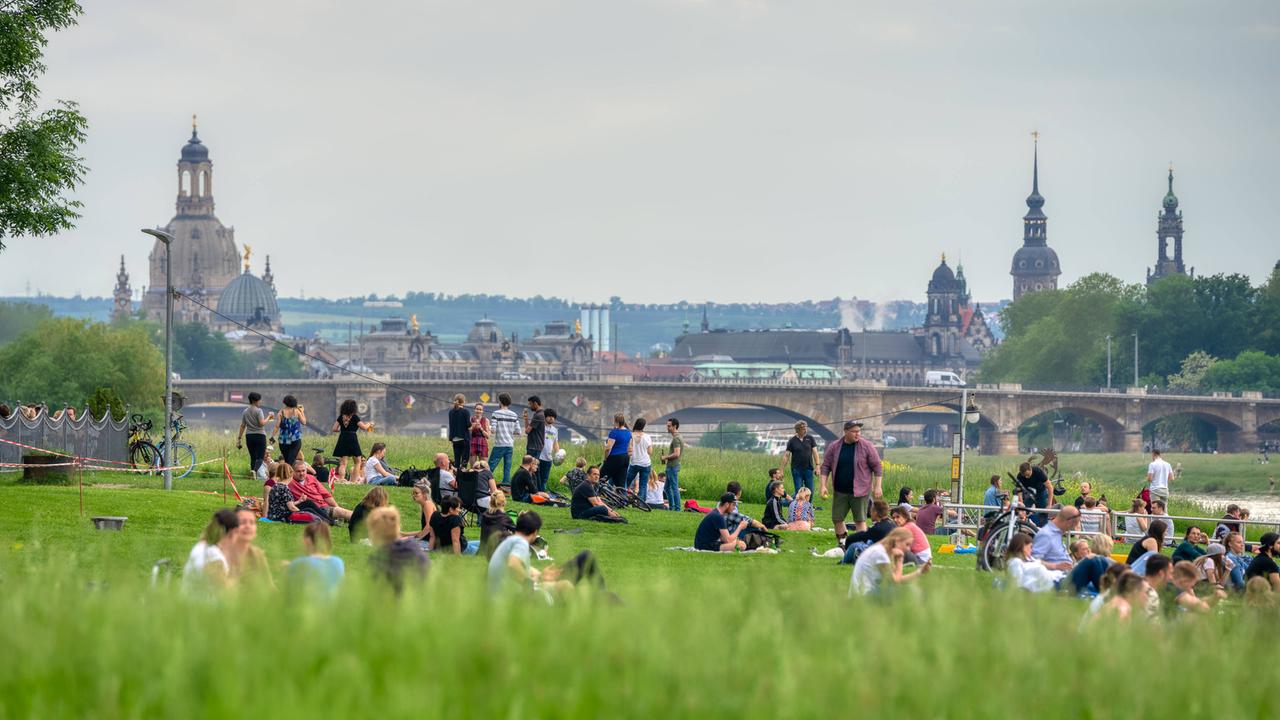 Menschen auf den Elbwiesen mit Blick auf Dresden