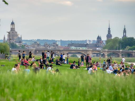 Menschen auf den Elbwiesen mit Blick auf Dresden