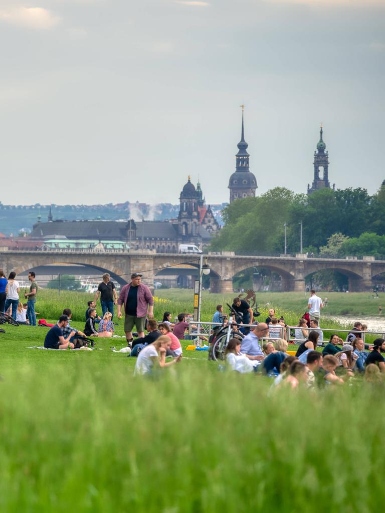 Menschen auf den Elbwiesen mit Blick auf Dresden