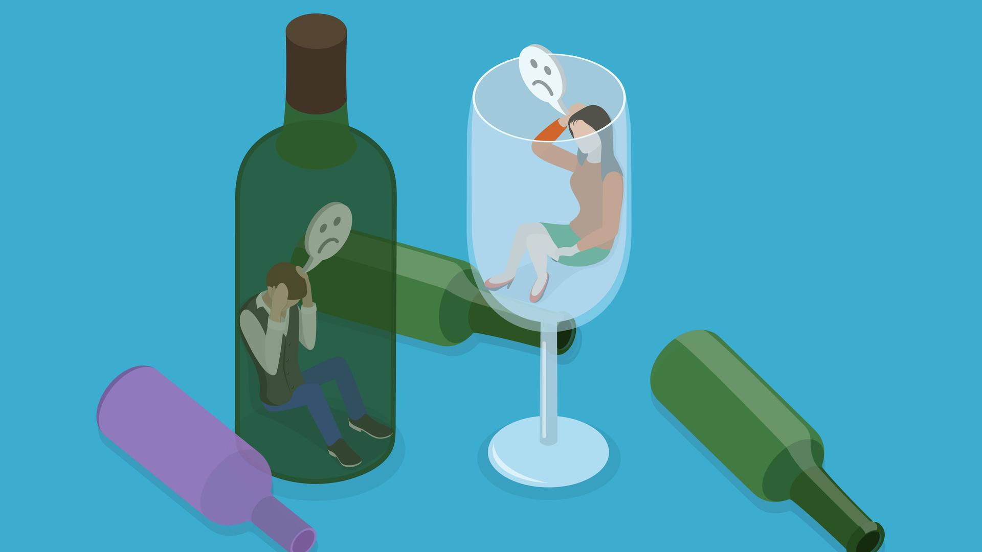 Die Illustration zeigt einen Mann in einer Weinflasche und eine Frau in einem Weinglas. Um Flasche und Glas liegen Flaschen flach auf dem Tisch.