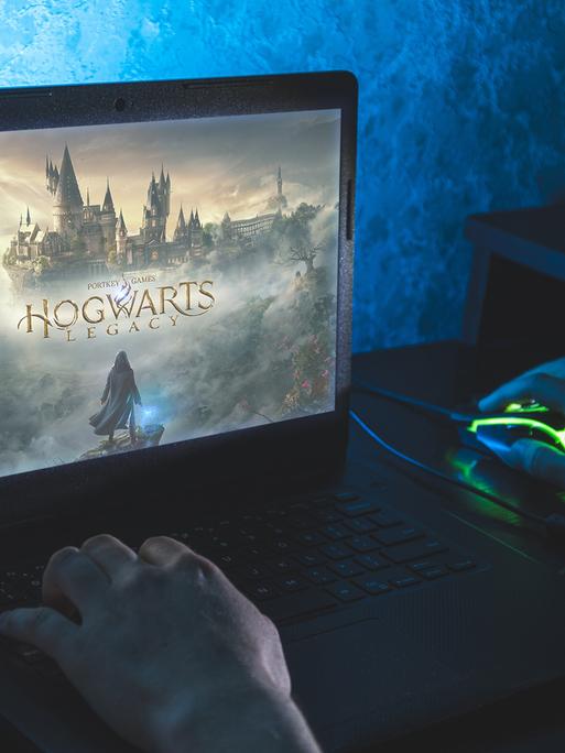 Ein Mensch sitzt vor einem Bildschirm auf dem das Spiel "Hogwarts Legacy" zu sehen ist.