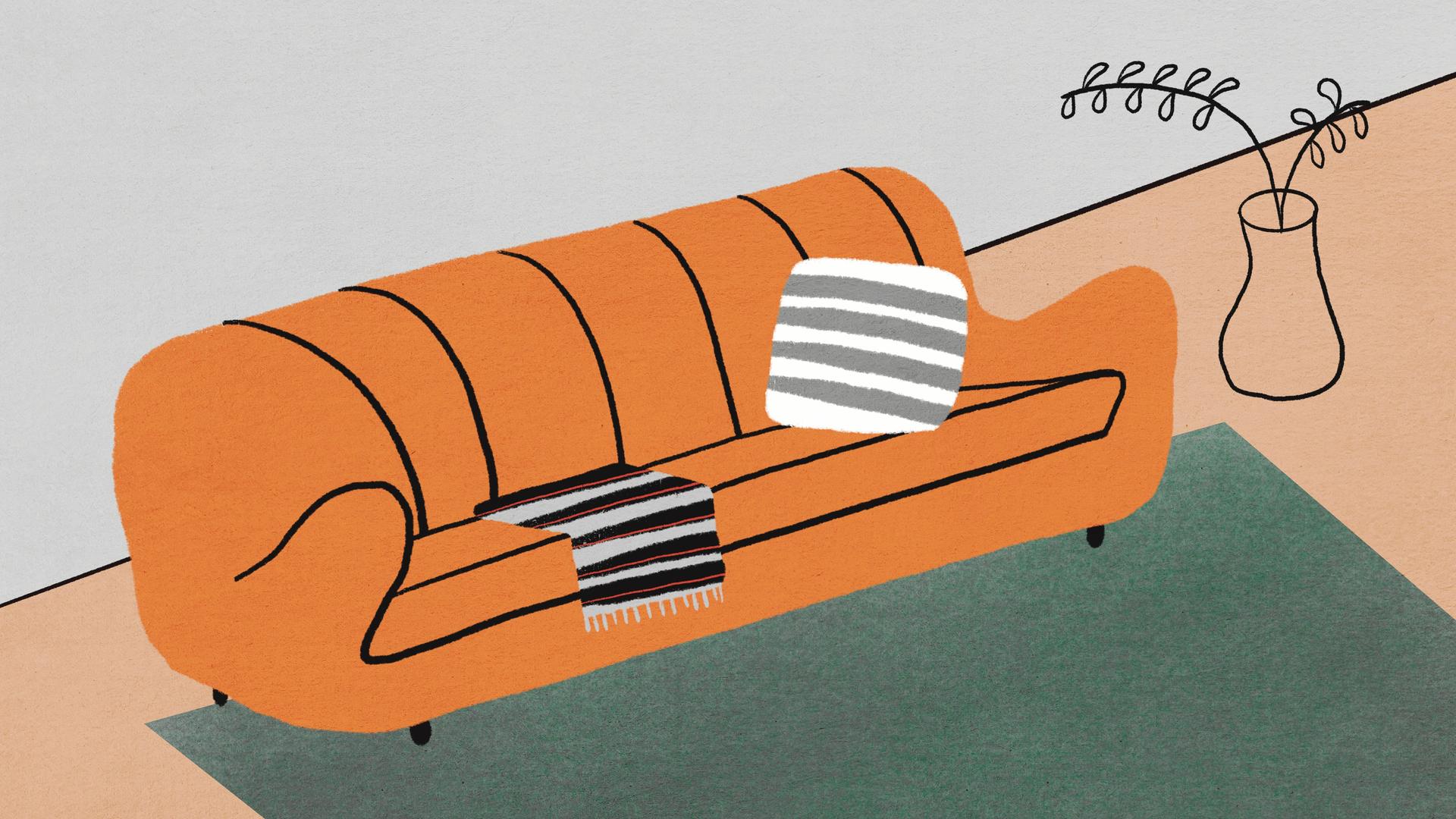 Grafik: Orangenes Sofa mit Decke auf Teppich mit Vase