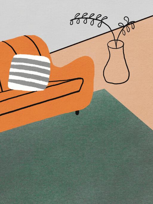 Grafik: Orangenes Sofa mit Decke auf Teppich mit Vase