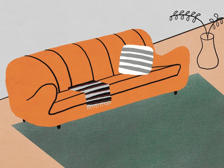 Grafik: Orangenes Sofa mit Decke auf Teppich mit Vase