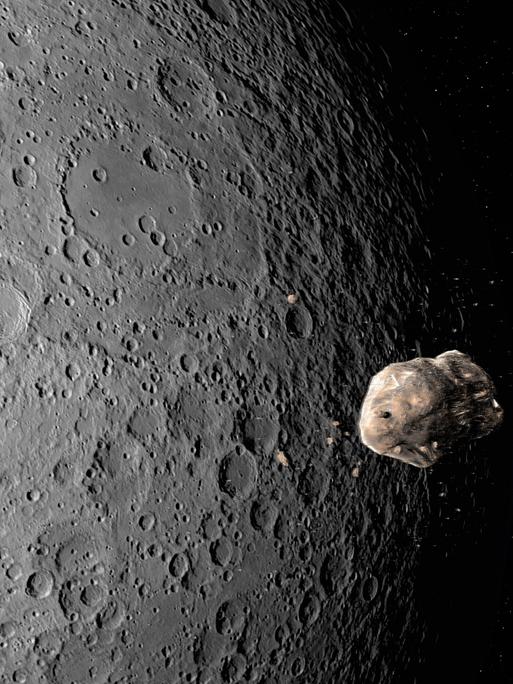 Ein Asteroid passiert den Mond und nähert sich der Erde (Künstlerische Darstellung) 
