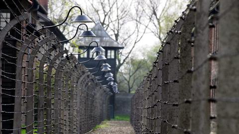 Eine SIchtachse zwischen Zäunen gibt den Blick frei auf ehemalige Baracken und Wege im Nazi-Vernichtungslager Auschwitz-Birkenau