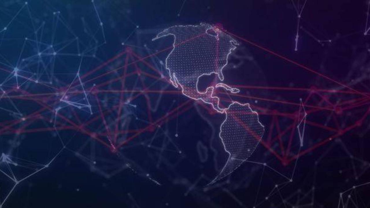 Eine Karte von Nord- und Südamerika vor dunklem Hintergrund mit ditialen Linien