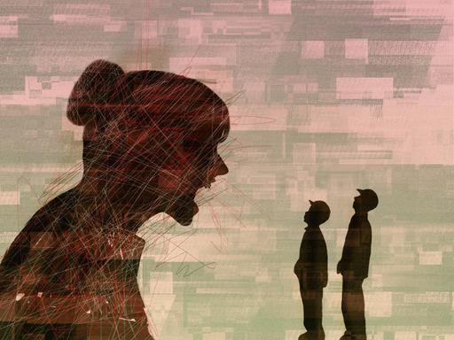 Wütende Frau schreit Kinder an (Illustation)