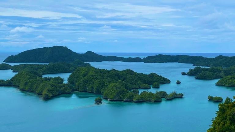 Zu sehen sind sattgrüne Inseln im blauen Meer: Bay of Islands an der Insel Vanua Balavu, Teil der Inselgruppe Lau in Fidschi. 