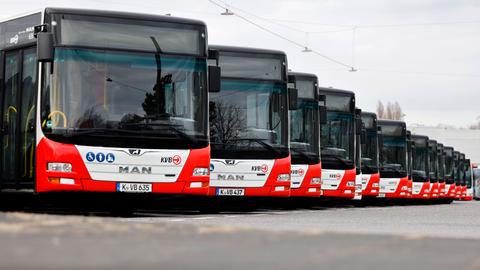 Busse der Kölner Verkehrsbetriebe (KVB) stehen im Depot