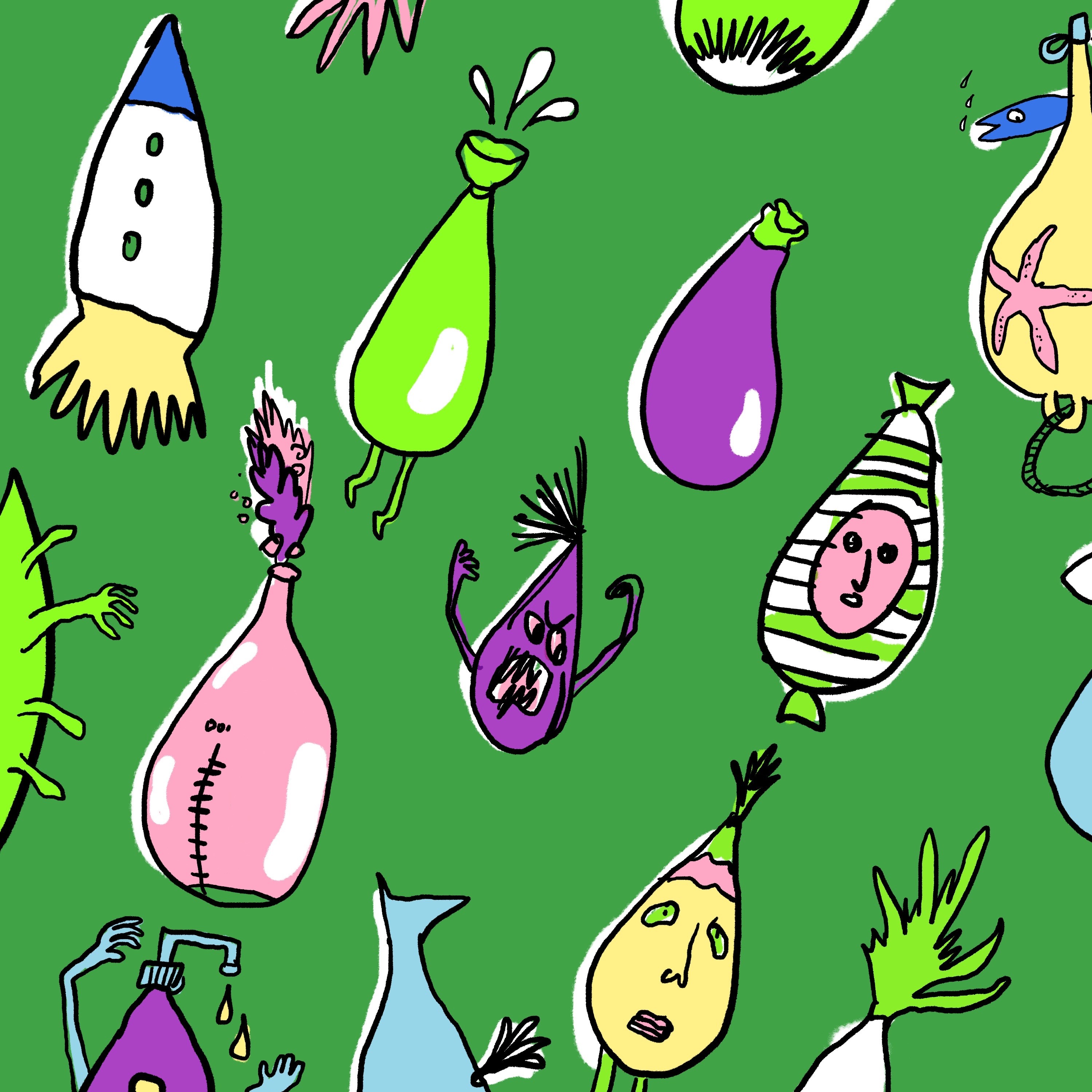 Illustration bunter doku drops vor grünem Hintergrund.