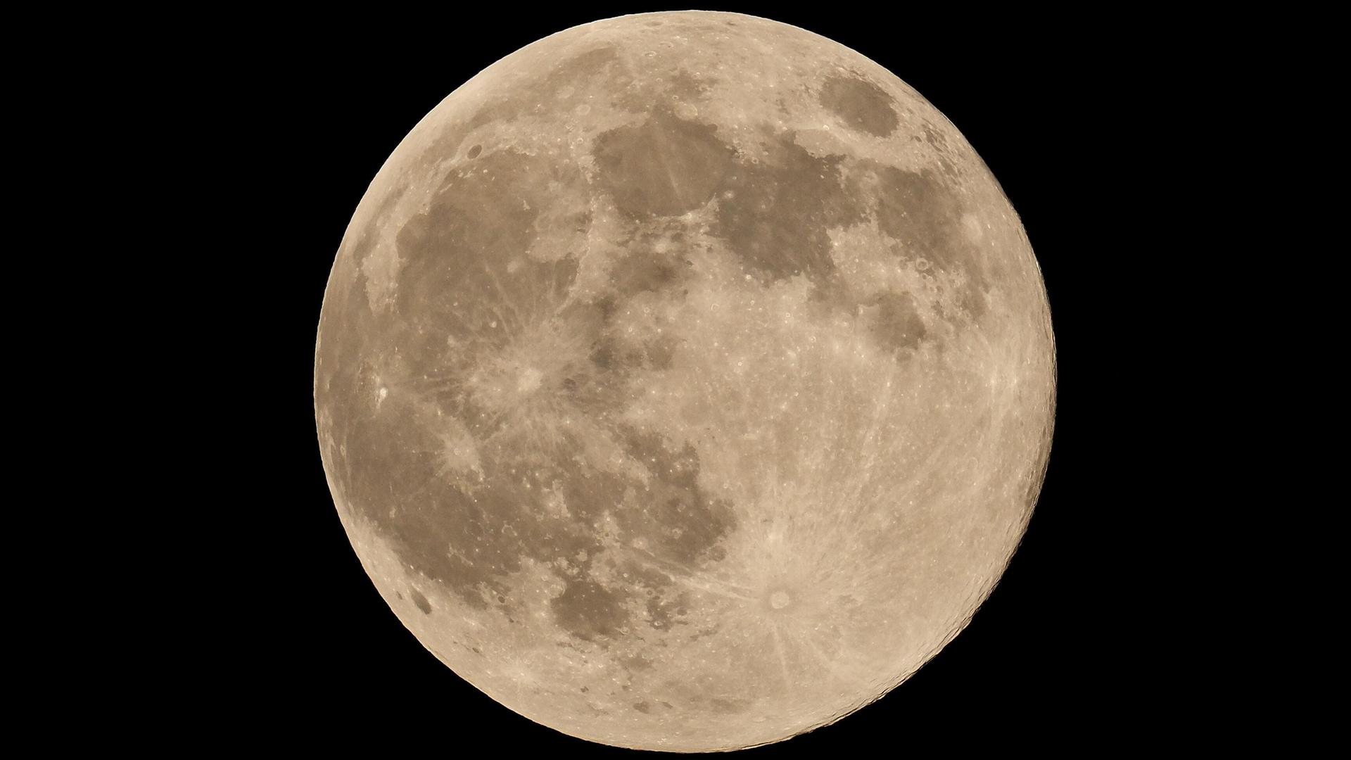 Eine Nahaufnahme zeigt den vollen Mond mit seiner strukturierten Oberfläche. Eine Nahaufnahme zeigt den vollen Mond mit seiner strukturierten Oberfläche.