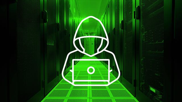Die Bildmontage zeigt ein Piktogramm von einer Person mit Kapuze vor einem Laptop vor grün eingefärbtem Hintergrund.