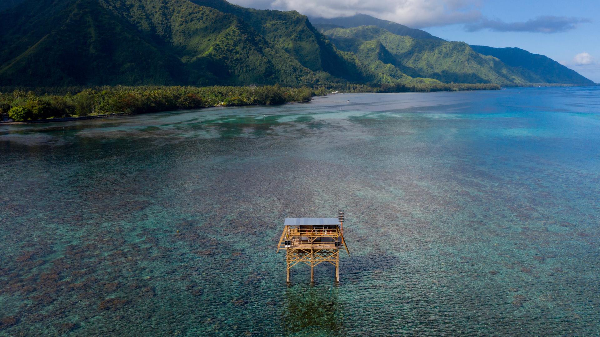 Vor der Küste von Teahupo'o (Tahiti) steht ein Holzturm, der bei Surf-Wettbewerben das Wertungsgericht beheimatet.