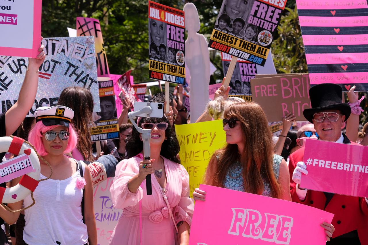 Demonstranten mit rosa Plakaten auf denen "Free Britney" steht.
