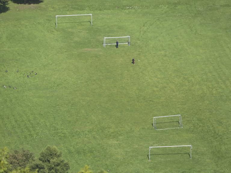 Ein Fußballplatz von oben. Zwei Menschen sind als kleine Figuren zu erkennen.